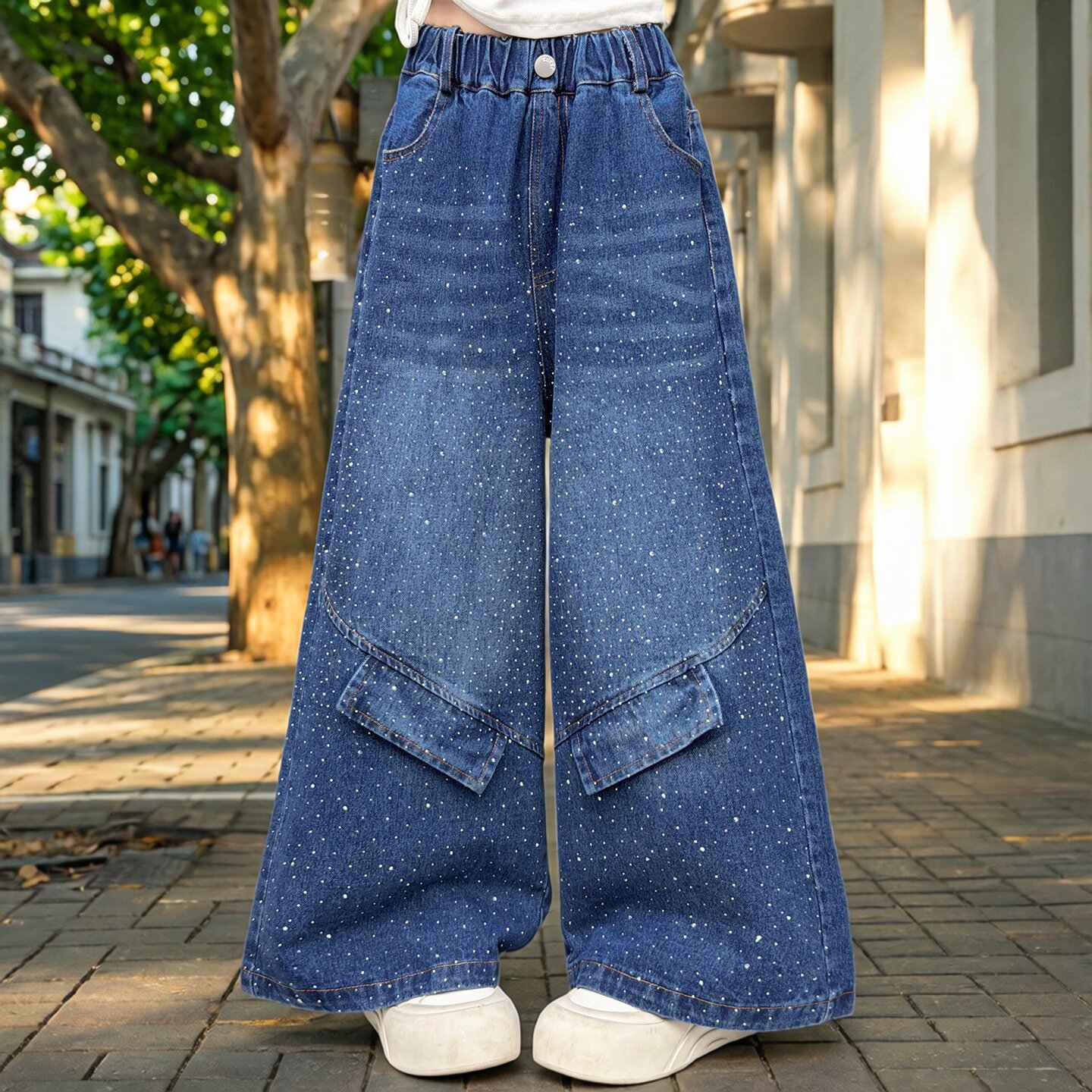 女童烫钻弯刀裤2026春秋新款满天星牛仔拖地裤子大儿童直筒香蕉裤