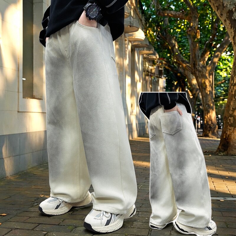 时尚泼墨阔腿裤男童春秋休闲长裤大童宽松直筒裤潮2026新款牛仔裤