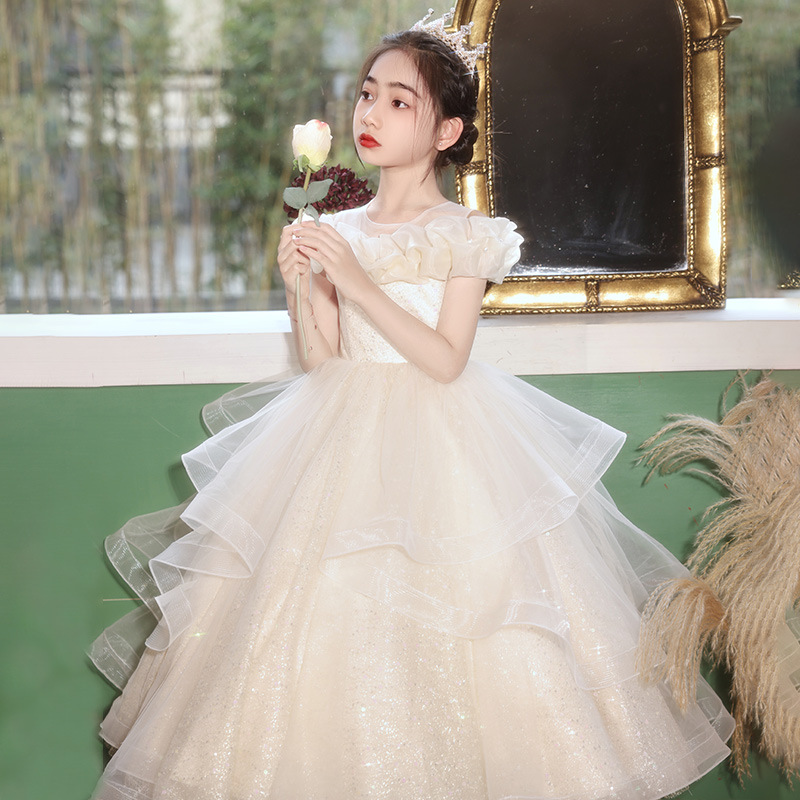 现货女童晚礼服高端长款蓬蓬纱2025新款主持人演出钢琴演奏