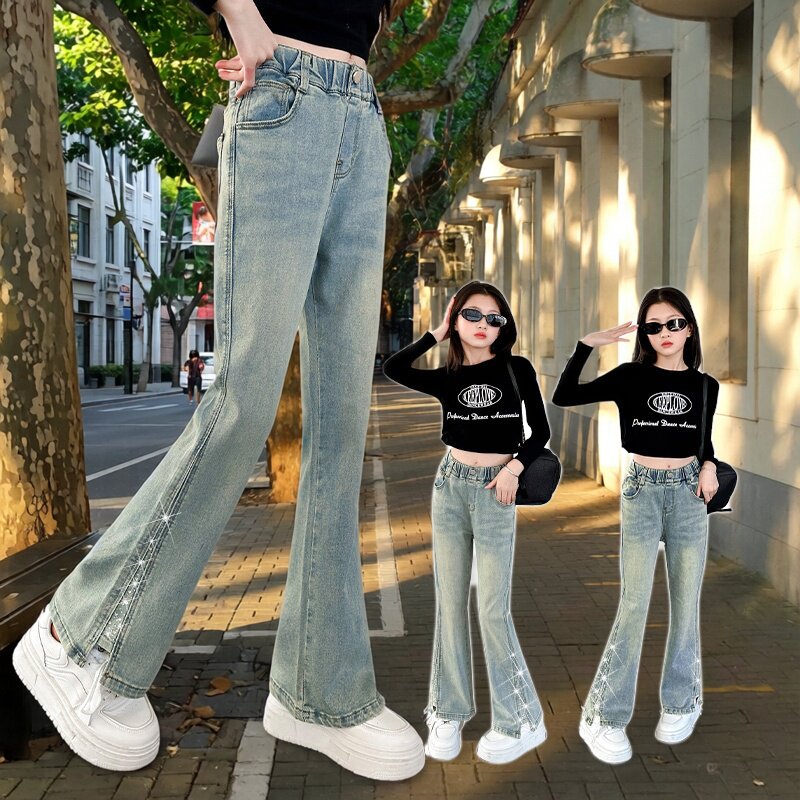 女童牛仔裤春秋中腰休闲长裤烫钻蓝色儿童裤子2026新款喇叭裤春季