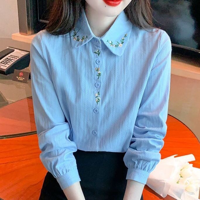 剪刀石刺绣全棉女士衬衣春季2026新款韩版单排多扣上衣百搭气质长