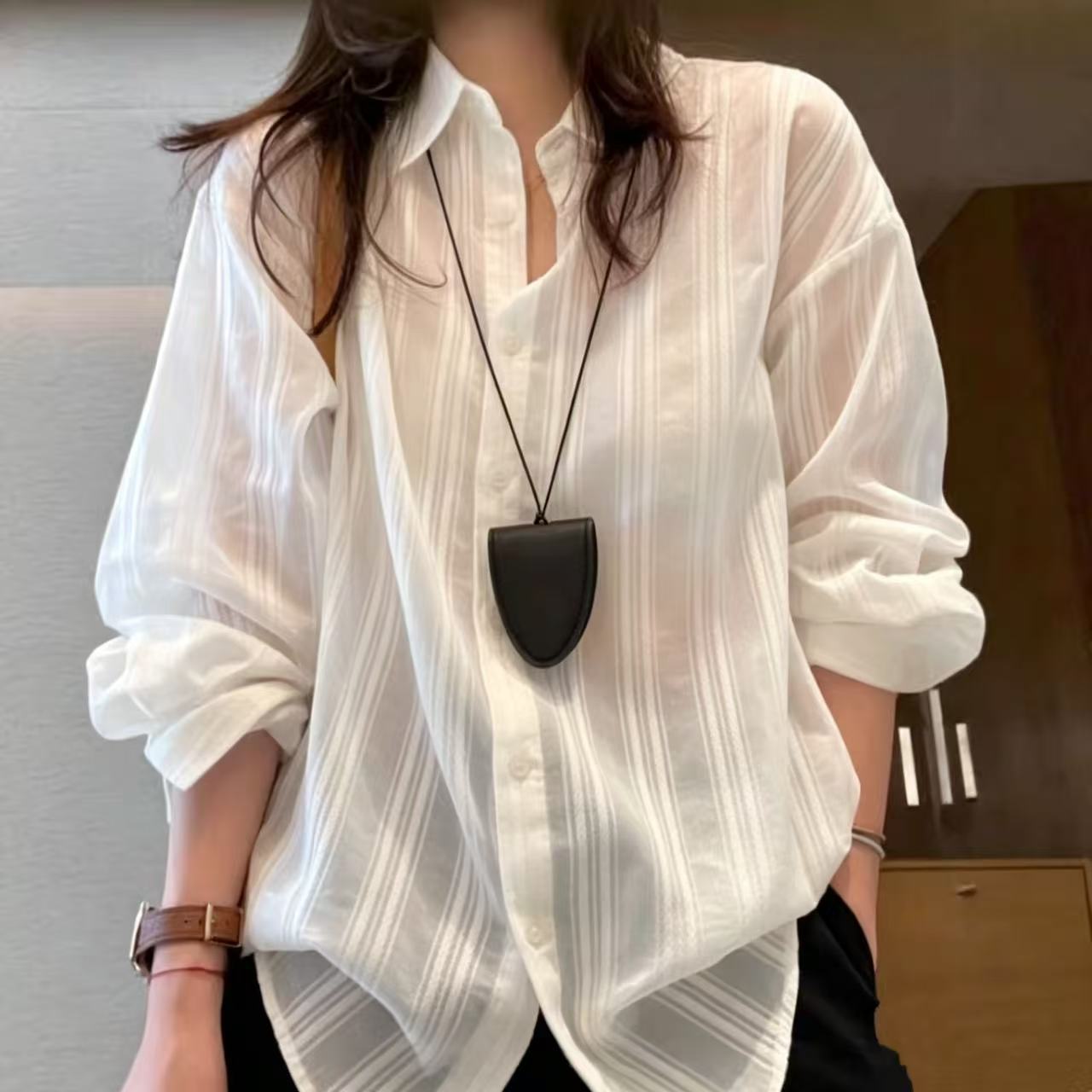 现发}棉夏薄款通勤风防晒透气衬衫2026新款宽松百搭显瘦长袖衬衣