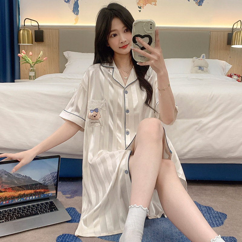 睡衣女夏季薄款冰丝短袖开衫睡裙甜美纯欲宽松衬衫裙家居服可外穿