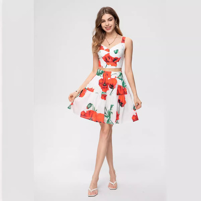 果儿春夏新款品质女装名媛棉印花时尚套装抹胸背心+高腰大摆半裙