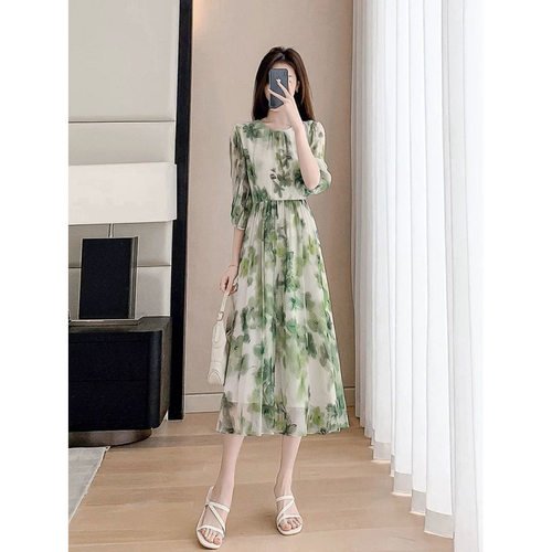 绿色高端雪纺印花连衣裙女年夏季新款圆领气质显瘦a字裙子女