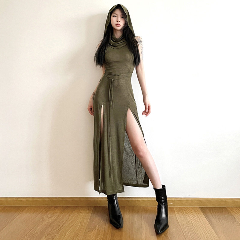 欧美跨境2026夏季时尚潮流女装新款连帽宽松下摆开叉个性连衣裙
