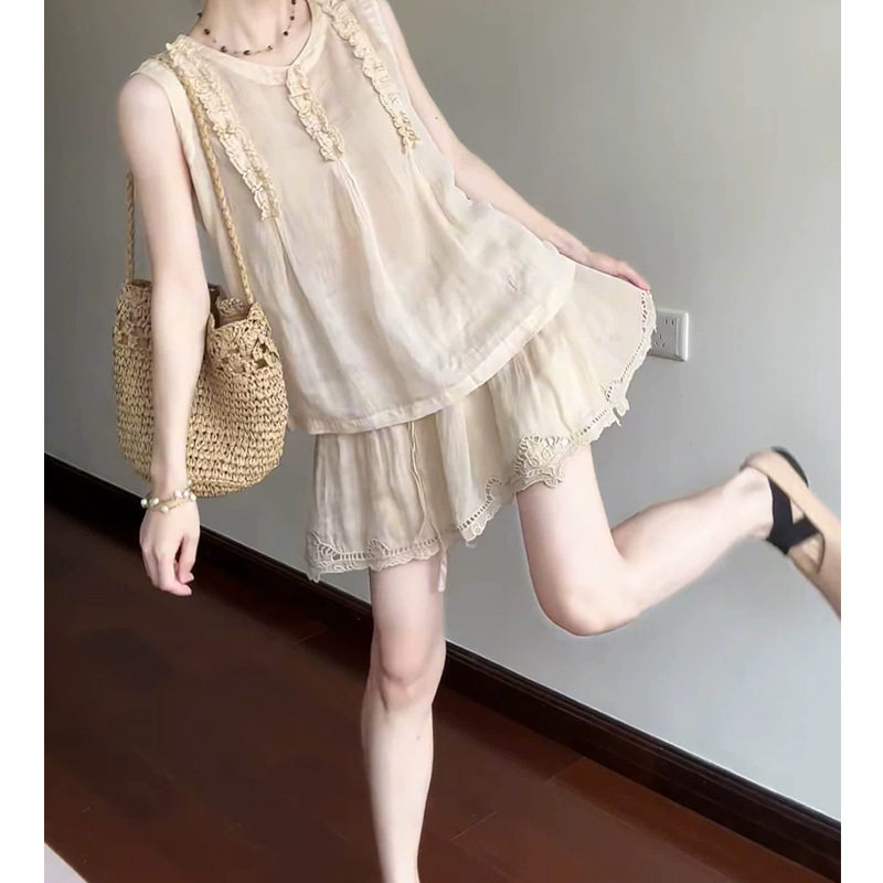 韩版今年流行无袖上衣重工刺绣短裙子女夏季新款小个子时尚两件套