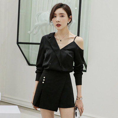 春夏新款时尚欧美气质女装收腰修身露肩短裤中袖套装裤女8272