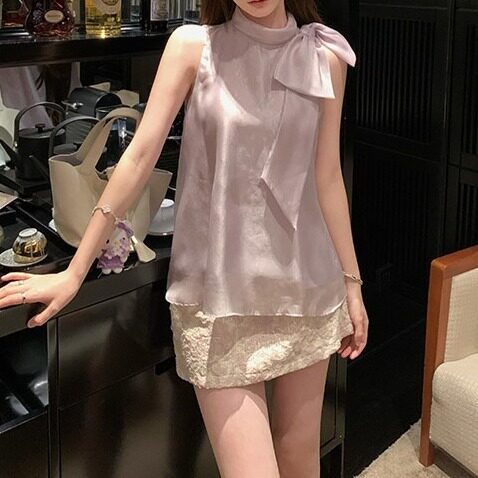 法式绝美蝴蝶结设计感无袖挂脖衬衫女2026年夏季紫色气质上衣女