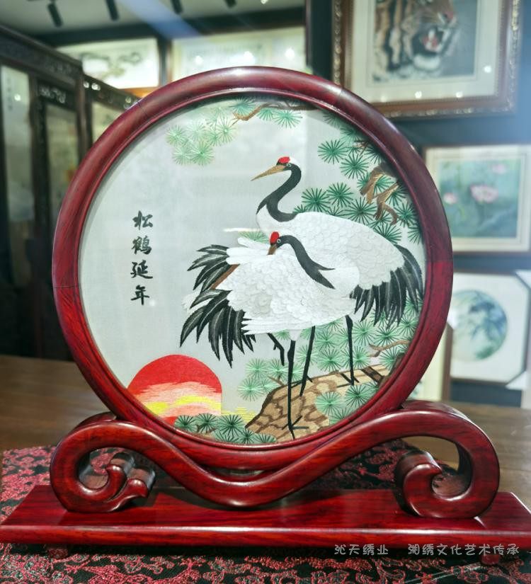 沁天刺绣祝寿精品松鹤花梨木框