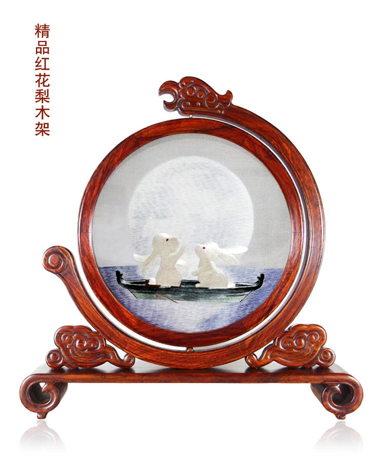 纯手工湘绣沁天绣业摆台中秋玉兔