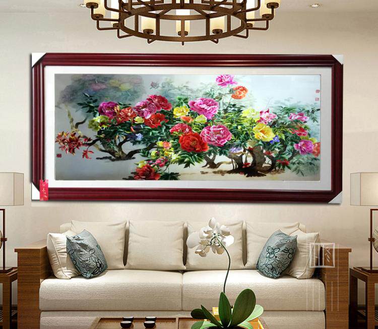 湘绣单面绣朦胧牡丹花百花争艳图客厅沙发背景墙大幅挂画手工刺绣