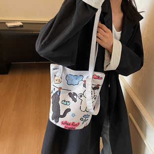 可爱小狗印花植绒帆布包包女大容量带拉链上班日常通勤单肩水桶包