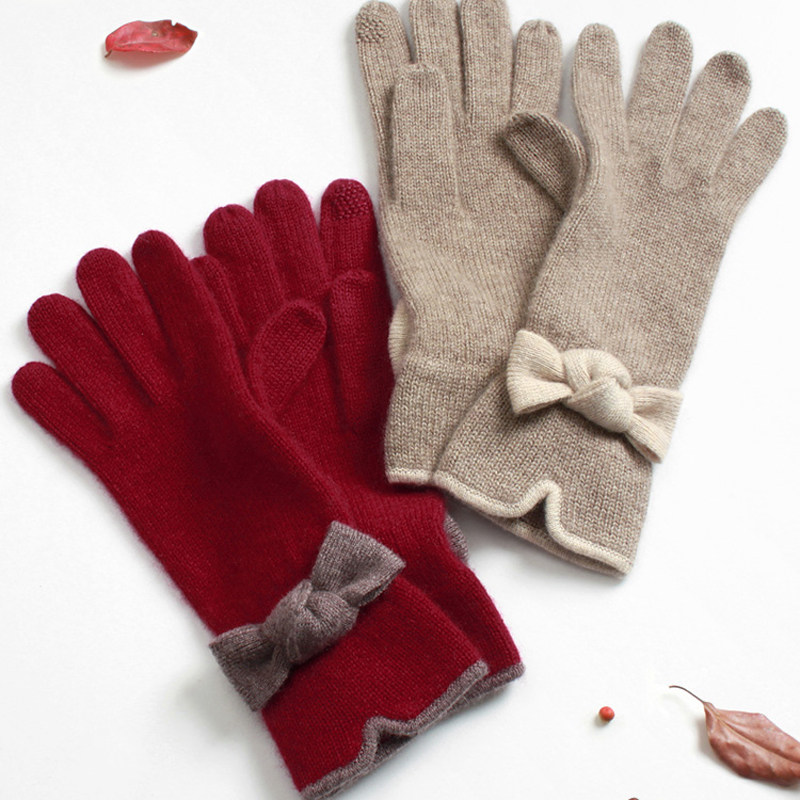 手套女冬韩版针织保暖短款羊毛女士触屏蝴蝶结纯山羊绒女士手套