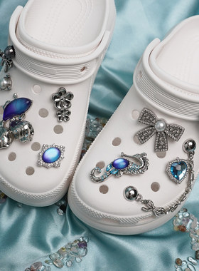 蓝色高级感crocs洞洞鞋金属鞋花