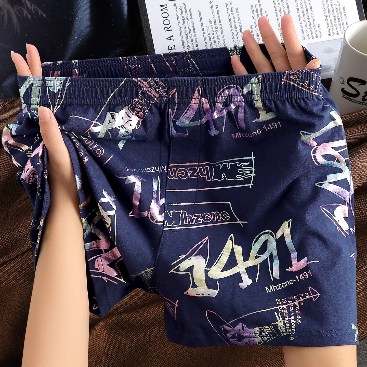 纯棉男士内裤舒适透气嘻哈风阿罗裤潮款印花男生睡裤中腰平角裤衩