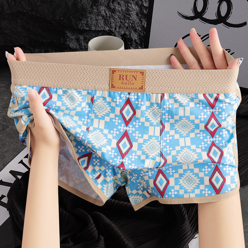 纯棉复古男士内裤民族风中式印花男生平角裤男款男式中腰透气裤衩