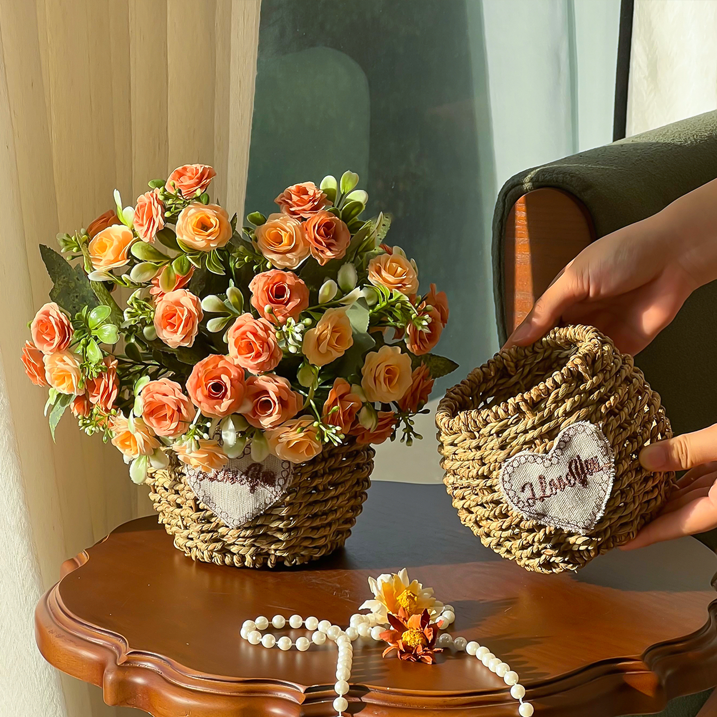 田园风手工编制花篮仿真花摆设家用客厅装饰桌面玄关假花装饰摆件