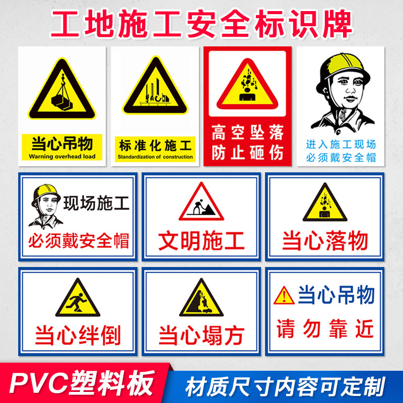 工地安全标识牌 施工安全标识牌警告标志 机械危险注意安全戴安全帽