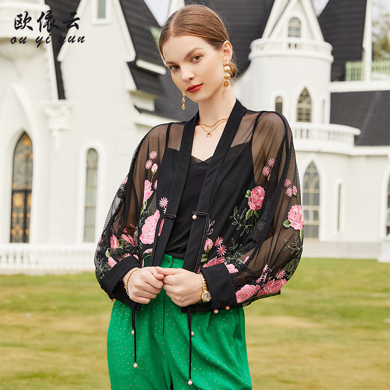 欧依云中年妈妈夏装短外套洋气刺绣网纱防晒上衣开衫显瘦2025新款