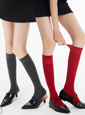 红色无骨长筒袜子女士春秋薄款羊毛小腿堆堆袜日系微压显瘦及膝袜