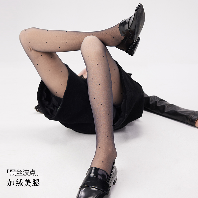 秋冬波点透肤黑色加绒加厚连裤袜