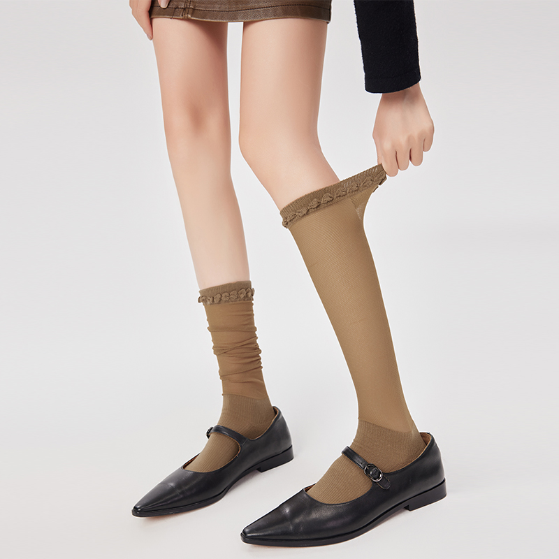 无骨抗菌花边网眼小腿长筒堆堆袜