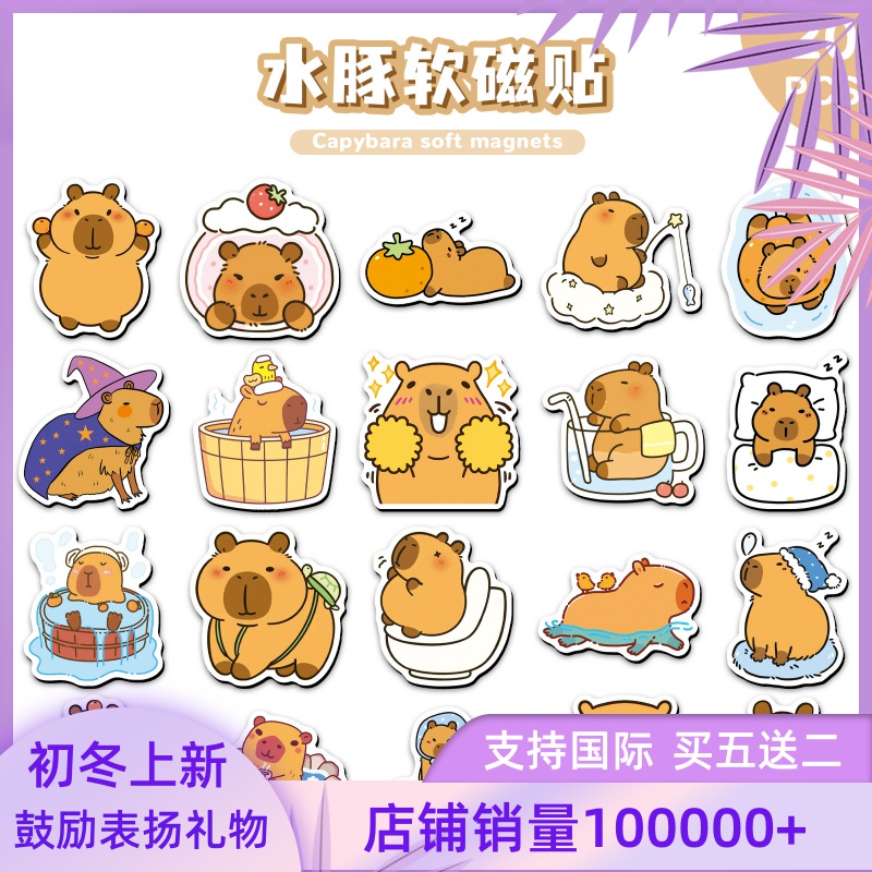20片水豚卡皮巴拉软磁冰箱贴Q版可爱动物文件柜金属装饰DIY磁吸贴