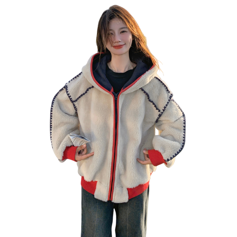 25冬新款Y1096中古风撞色拼接羊羔毛外套P195K288,女装短外套,浙宝296