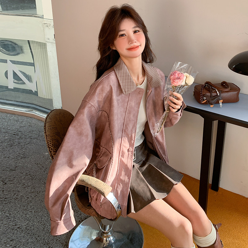 现货ZB296-Y1100粉色皮衣扎染效果短外套P165K248，女装短外套，浙宝296