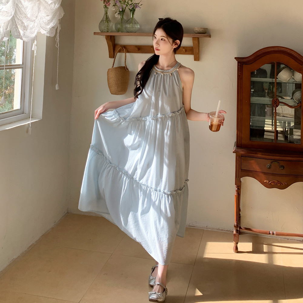 新款已出货Y1130浅蓝色度假裙挂脖连衣裙P135K198，女装连衣裙，浙宝296