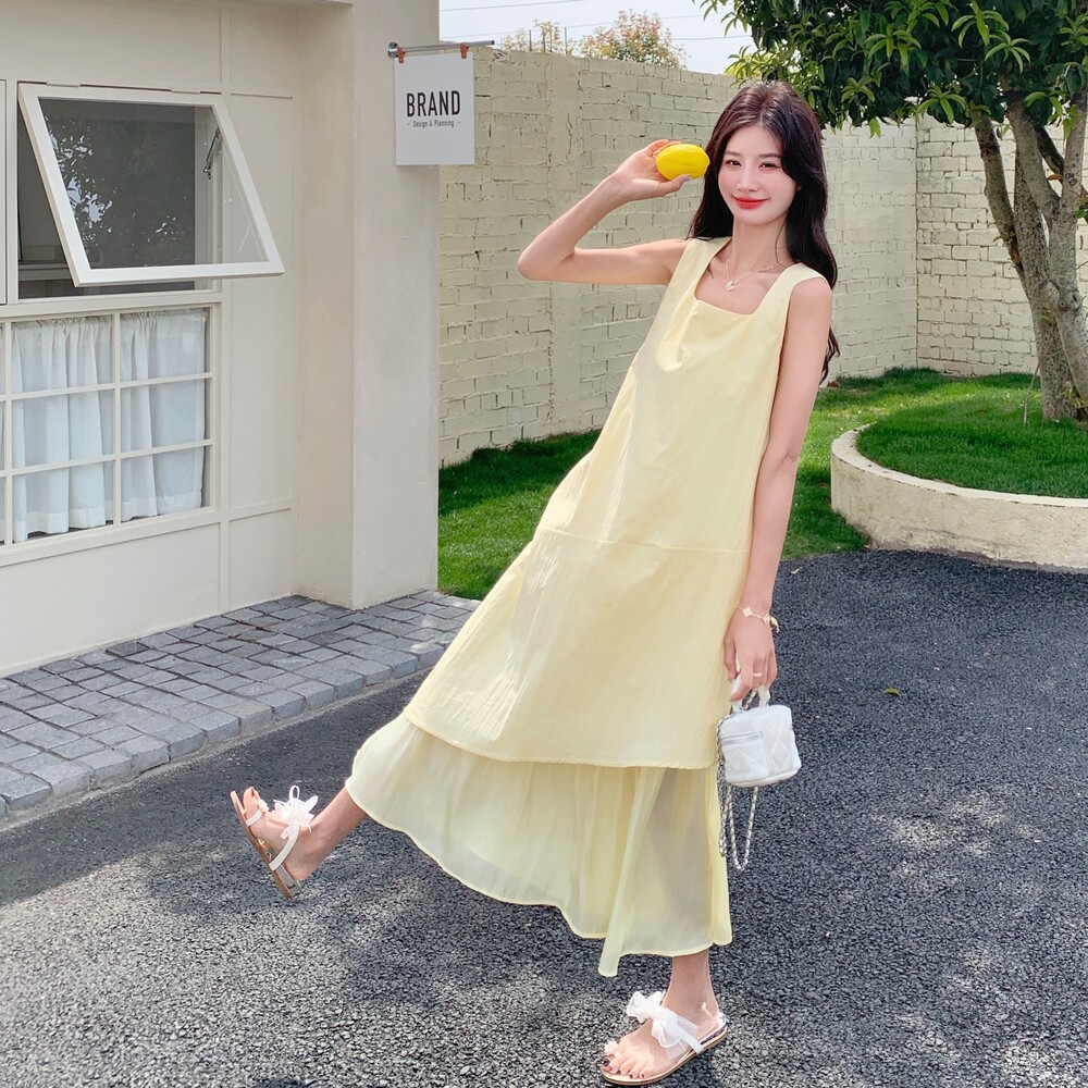 现货Y1120下摆不规则拼接方领连衣裙P135K198，女装连衣裙，浙宝296
