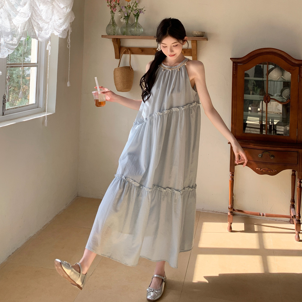 现货夏新款Y1130浅蓝色度假裙挂脖连衣裙P135K198，女装连衣裙，浙宝296