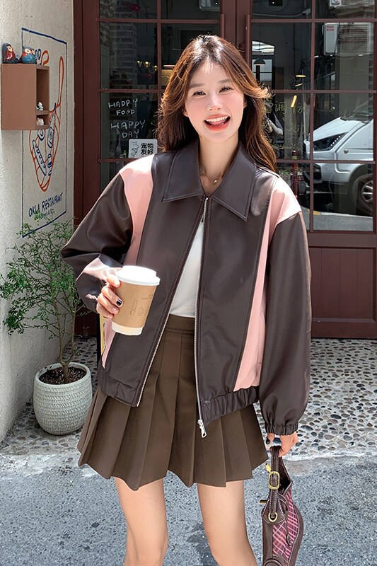现货ZB296-Y1086设计感撞色皮衣外套P140K218,女装短外套,浙宝296