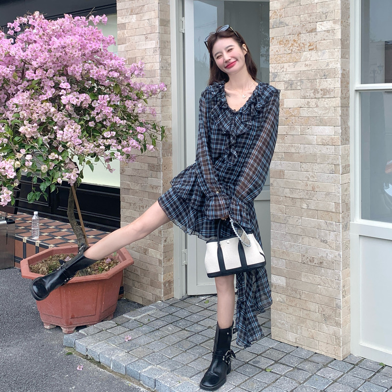 大货2026初夏新款Y1193斜边格纹连衣裙P140K228，女装连衣裙，浙宝296