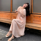 法式温柔风褶皱泡泡袖连衣裙女2025夏季新款韩系宽松显瘦甜美长裙，女装连衣裙，浙宝296