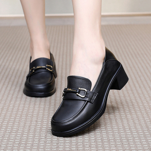 粗跟英伦风中年女士单鞋 真皮乐福鞋 中跟一脚蹬皮鞋 女2025秋季 新款