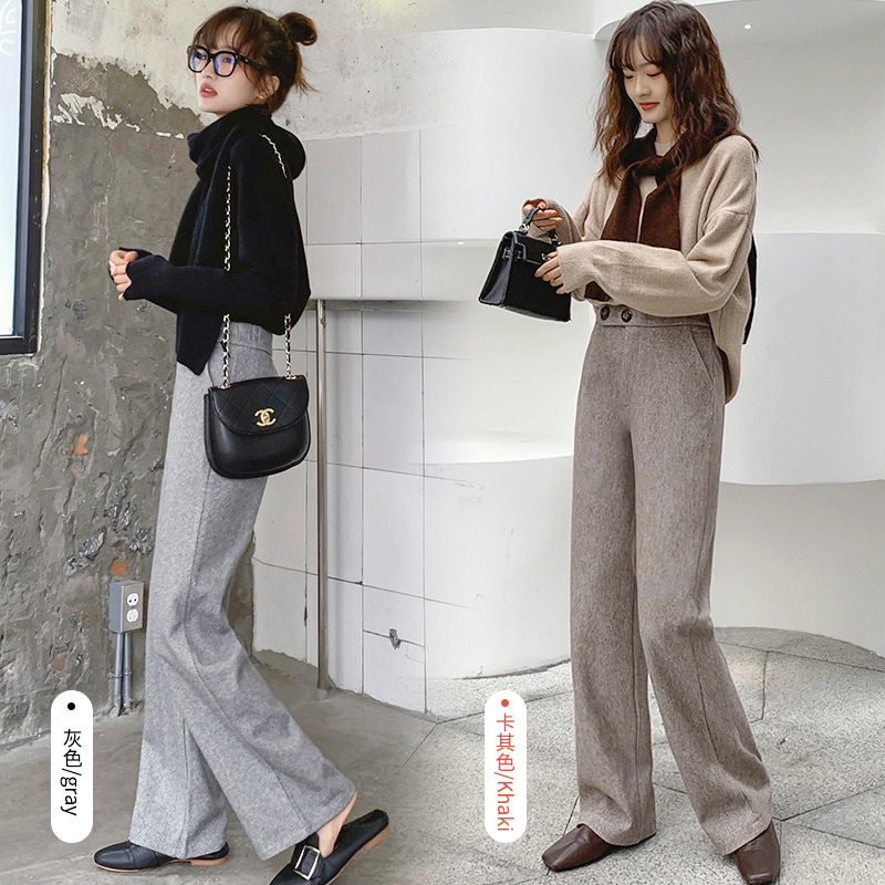 毛呢裤子女裤春秋季2022新款高腰直筒宽松阔腿裤休闲西装裤女长裤