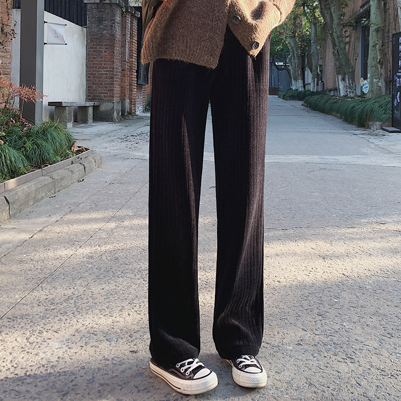 金丝绒阔腿裤女秋冬高腰宽松直筒垂感针织长裤子条绒灯芯绒奶奶裤