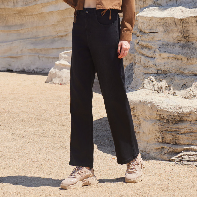 半身缘女裤 秋季长牛仔裤都市休闲水洗黑灰色筒裤243102u10102503