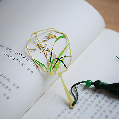 幽兰 团扇书签镂空精致创意黄铜书签文艺古典中国风金属 闲趣别院