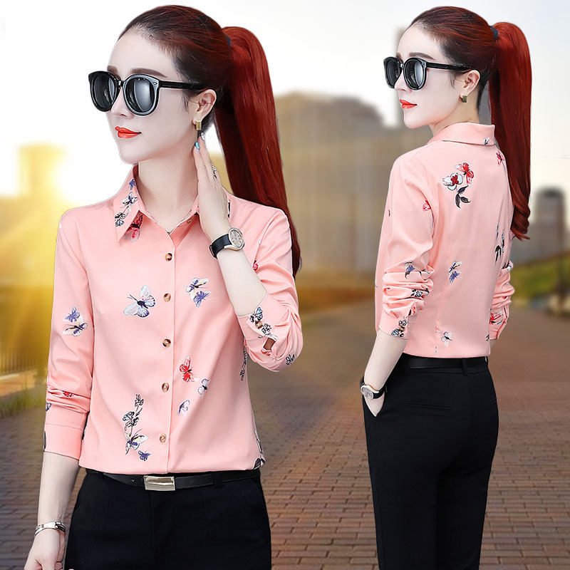 长袖雪纺印花衬衫女2022年春新款韩版复古碎花加绒洋气上衣衬衣寸