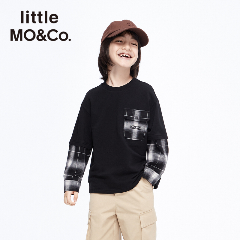 little moco童装春秋装男童格纹假两件套头卫衣儿童上衣女童大童