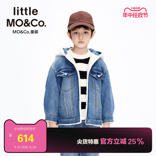 little 加绒 moco童装 男童女童仿羊羔毛牛仔外套儿童连帽保暖夹克