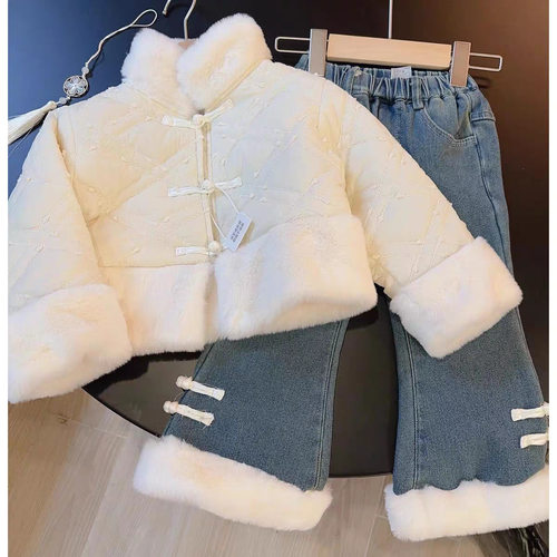 女童套装冬季唐装外套国风加绒中式牛仔裤拜两件套现货