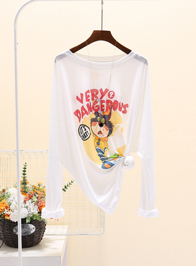 韩系慵懒风长袖冰丝防晒T恤女夏新款宽松百搭卡通印花中长款上衣