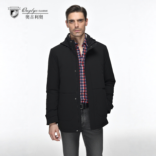 奥古利奥25年冬季 羽绒服黑色可拆卸帽鹅绒内胆防风中年外套 男士