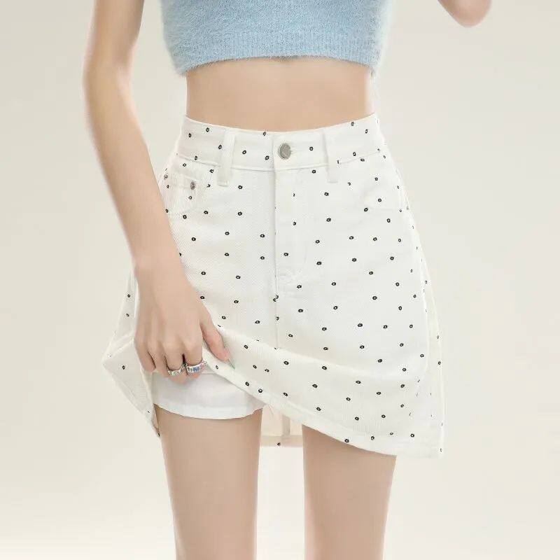 白色波点碎花牛仔半身裙女夏季高腰显瘦小个子a字包臀短裙子裤裙