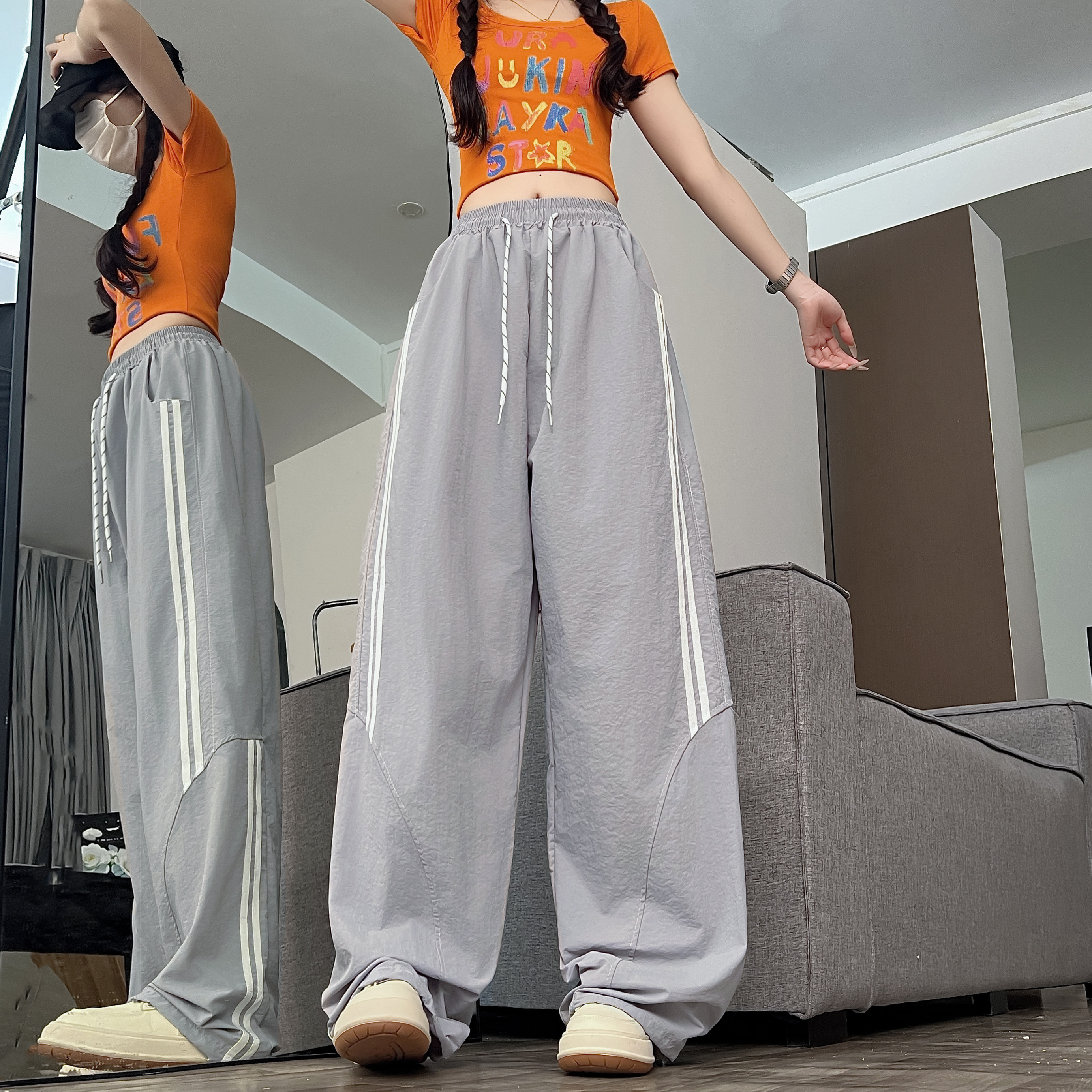 跳舞团队速干冰丝阔腿裤女2026年夏季新款宽松休闲弯刀工装运动裤