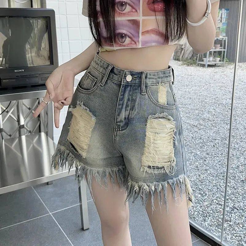 破洞高腰牛仔短裤女2026夏季宽松显瘦大码胖MM毛边A字阔腿热裤潮
